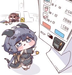  absurdres ahoge all_fours bandaged_foot bandaged_leg bandaged_tail bandages black_hairband black_tunic blush_stickers brown_hair chibi chibi_only coin commentary_request crying crying_with_eyes_open diyap_(style) dragon_ears dragon_girl dragon_horns dragon_tail dragon_wings dropped_food fang fewer_digits furisode_sleeves hair_between_eyes hair_bun hairband highres holding holding_coin horns jacket kidian_(trickcal) korean_commentary long_hair meme necktie open_mouth pleading_eyes price purple_necktie rak_rak_yee rohne_(mayor)_(trickcal) sash slippery_when_wet_sign speakiposting_(meme) tail tearing_up tears torn_wings trickcal tunic two-tone_wings vending_machine wavy_eyes wings 