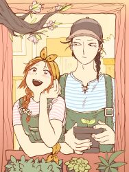  1boy 1girl 2bangmen apron arghun's_lover_(tenmaku_no_jaadugar) arghun_(tenmaku_no_jaadugar) black_hair braid commentary_request contemporary flower flower_pot garden gardener green_apron highres holding holding_flower_pot korean_commentary orange_hair shirt short_sleeves single_braid smile striped_clothes striped_shirt tenmaku_no_jaadugar tree windowsill 