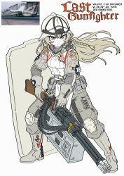  1girl aircraft airplane blackd09 blonde_hair blue_eyes f-8_crusader fighter_jet hair_between_eyes helmet highres military_vehicle original personification simple_background solo white_background white_helmet 