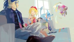  1boy 1girl absurdres adaman_(palentine's_2026)_(pokemon) adaman_(pokemon) blonde_hair blue_hair blue_jacket blue_necktie couch glaceon gomabu_(rirurutennsi) highres hoopa hoopa_(confined) horns indoors irida_(pokemon) jacket leafeon looking_at_another multicolored_hair necktie official_alternate_costume on_couch pokemon pokemon_(creature) pokemon_legends:_arceus pokemon_masters_ex sitting smile two-tone_hair unworn_necktie watermark window 