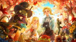  1other 2boys 2girls :d alice_deross apple autumn autumn_leaves beret black_boots black_gloves black_shirt blonde_hair blue_eyes blue_jacket blue_pants blue_ribbon blueberry blurry blurry_foreground bonbon_(identity_v) boots bottle bow box brown_boots brown_hair brown_skirt burger button_eyes buttons camera capelet capri_pants cat cherry closed_mouth clouds cocktail_umbrella commentary cookie cup cupcake curtained_hair dappled_sunlight day dress drill_hair drill_ponytail drinking_glass dual_persona edgar_valden english_commentary falling_leaves fingerless_gloves food food_in_mouth frilled_shirt_collar frills fruit full_body gloves grapes grass green_jacket hair_between_eyes hair_bow hair_ribbon hair_slicked_back hand_on_own_chin hat heewon2123 highres holding holding_box holding_camera holding_leaf holding_paintbrush holding_stuffed_toy hood hood_up hooded_jacket identity_v jacket jam jar jewelry juice kneeling knees_up lace-up_boots leaf light_particles long_hair long_skirt long_sleeves looking_at_animal looking_at_food looking_at_viewer low_ponytail maple_leaf memory_(identity_v) mountain multiple_boys multiple_girls naib_subedar non-humanoid_robot official_art open_clothes open_jacket outdoors paint_on_clothes paint_on_hands paintbrush pants pants_tucked_in parted_bangs parted_lips pendant picnic picnic_basket pie pink_lips ponytail reaching red_capelet red_hat ribbon robot robot_animal rubbing_hands_together sandwich seiza shirt short_hair single_drill sitting skirt sleeveless sleeveless_dress smile strawberry strawberry_slice striped_clothes striped_skirt stuffed_animal stuffed_cat stuffed_toy sunlight thinking tree under_tree v-shaped_eyebrows white_dress white_shirt 
