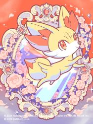  amaharu_wasure animal_focus closed_mouth commentary_request company_name copyright_name copyright_notice fennekin flower full_body gem mirror no_humans official_art orange_eyes petals pink_flower pink_petals pokemon pokemon_(creature) pokemon_focus pokemon_tcg pokemon_tcg_pocket red_gem smile solo sparkle 
