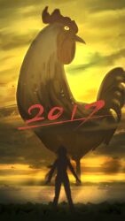  1girl 2017 ahoge amino_(tn7135) animal animal_focus bird chicken chinese_zodiac clouds cloudy_sky commentary english_commentary ocean orange_sky original outdoors oversized_animal rooster ship silhouette sky standing watercraft year_of_the_rooster yellow_sky 