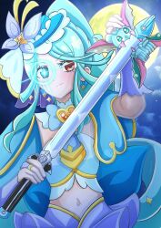  1girl blue_hair blue_hat bow brooch butterfly_hat_ornament capelet closed_mouth commentary_request company_connection cure_eclair earrings extreme_chikuwa fairy_(precure) full_moon glowing hat hat_ornament heart heart-shaped_blush_stickers heart_brooch highres holding holding_weapon howa_kurea jewelry kamen_rider kamen_rider_kiva_(series) long_hair looking_at_viewer magical_girl meitantei_precure! midriff moon navel open_mouth ponytail precure shushu-tan skirt smile solo sword toei_company tokusatsu twinkle_time upper_body very_long_hair weapon zanvat_sword 
