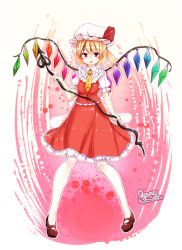  1girl 2018 bare_legs blonde_hair commentary_request crystal_wings dated dress flandre_scarlet frilled_dress frilled_hat frills furim hat highres holding holding_polearm holding_weapon laevatein_(touhou) looking_at_viewer multicolored_dress necktie open_mouth polearm red_dress red_eyes solo touhou weapon white_background wings yellow_necktie 