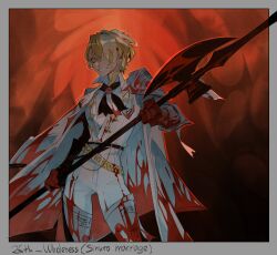  absurdres ascot black_ascot blonde_hair blood blood_on_clothes blood_on_face cape cowboy_shot fusion gauntlets highres holding holding_polearm holding_weapon kromer_(project_moon) limbus_company looking_at_viewer multicolored_hair pants polearm project_moon red_background senia_soft shirt sinclair_(project_moon) smile weapon white_cape white_hair white_pants white_shirt yellow_eyes 