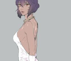  1girl alternate_skin_color backless_dress backless_outfit breasts brown_lips cyborg dark-skinned_female dark_skin dress elbow_gloves ghost_in_the_shell ghost_in_the_shell:_stand_alone_complex gloves gold grey_background jewelry kusanagi_motoko lips medium_breasts neck_ring no_bra npn official_alternate_costume purple_hair red_eyes ribs short_hair sideboob solo subdermal_port tan thick_lips upper_body white_dress white_gloves 