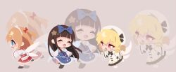  3girls ^_^ black_bow black_bowtie blonde_hair blue_bow blue_dress blue_eyes bow bowtie brown_hair chibi chibi_only closed_eyes commentary dress drill_hair fairy fairy_wings frilled_sleeves frills full_body hair_bow hat headdress long_hair long_sleeves luna_child medium_hair multiple_girls orange_eyes orange_hair pudding_(skymint_028) red_bow red_skirt shirt skirt star_sapphire sunny_milk touhou untranslatable_commentary white_dress white_hat white_shirt wide_sleeves wings zoom_layer 