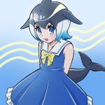  1girl 54_3nu bare_shoulders black_hair blonde_hair blowhole blue_dress blue_eyes blue_hair bow bowtie cetacean_tail common_dolphin_(kemono_friends) dolphin_girl dorsal_fin dress fins fish_tail frilled_dress frills hair_between_eyes head_fins kemono_friends multicolored_hair sailor_collar sailor_dress short_hair sidelocks sleeveless solo tail white_hair yellow_bow yellow_bowtie 