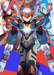  3boys absurdres armor axl_(mega_man) axl_bullets black_armor blonde_hair blue_armor blue_helmet brown_hair chest_jewel clenched_teeth commentary_request cross_scar facial_mark finger_on_trigger forehead_jewel gun helmet highres holding holding_gun holding_weapon looking_at_viewer mega_man_(series) mega_man_x_(series) multiple_boys ponytail red_armor red_helmet scar shoulder_armor spiky_hair teeth weapon x_(mega_man) zelitto zero_(mega_man) 