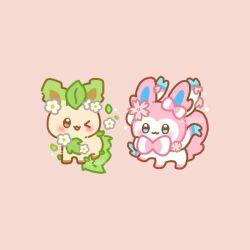  :3 ;3 animal_focus artist_name blush bow chibi chibi_only closed_mouth commentary english_commentary flower full_body leaf leafeon no_humans no_nose one_eye_closed open_mouth peggy_(eggumu) petals pink_flower pink_petals pokemon pokemon_(creature) pokemon_focus simple_background smile sylveon white_background white_flower 