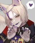  1boy animal_ears blonde_hair claw_pose colored_tongue fangs grey_background heart highres holostars holostars_english isal_(lasi) looking_at_viewer magni_dezmond male_focus mole mole_under_mouth portrait purple_nails purple_tongue short_hair solo speech_bubble spoken_heart tail tongue tongue_out virtual_youtuber wolf_boy wolf_ears wolf_tail yellow_eyes 