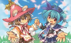  2girls ahoge black_shirt blue_bow blue_capelet blue_hair blue_hat blue_necktie blue_skirt blue_sky bow brown_hair capelet collar commentary_request emil_chronicle_online gradient_necktie grey_eyes grin hat hat_bow holding_hands meadow multiple_girls necktie open_mouth orange_shirt pink_necktie pururu_alma rakisuke reaching reaching_towards_viewer red_eyes red_hat shirt short_twintails skirt sky smile tiny_alma twintails waist_bag white_collar witch_hat 