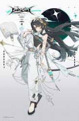  1other aqua_nails bag belt belt_pouch blue_eyes book character_request commentary commission copyright_request crossbody_bag full_body grey_background hair_ornament highres jackiemo0529 long_hair looking_at_viewer pants pouch shoes single_bare_shoulder tagme utility_belt weibo_username white_pants 