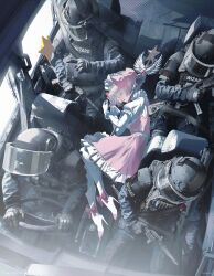  1girl 4others absurdres ammunition car_interior car_seat commentary_request driving face_shield frills gloves gun headdress helmet high_heels highres holding holding_staff magical_girl multiple_others original police riot_helmet riot_police seatbelt shotgun_shell skirt staff steering_wheel swav weapon 