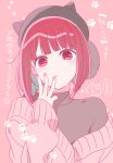  1girl arima_kana beret black_headwear bob_cut closed_mouth commentary hat highres hirayama_kanna inverted_bob looking_at_viewer medium_hair no_pupils off_shoulder oshi_no_ko pink_background pink_sweater red_eyes redhead solo sweater translation_request 