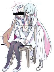  beret blonde_hair blonde_student_council_president_(blue_archive) blue_archive blue_hair blue_halo braid colored_inner_hair commentary_request epaulettes general_student_council_president_(blue_archive) glitch hair_over_one_eye halo hat highres holding_hands hug hug_from_behind long_hair multicolored_hair multicolored_halo otozukayukimi pink_streaks red_halo shoulder_strap simple_background single_braid single_braided_sidelock single_epaulette streaked_hair two-tone_hair two-tone_halo very_long_hair white_halo 