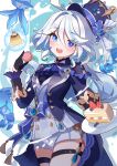  1girl ahoge ascot black_gloves blue_ascot blue_brooch blue_eyes blue_hair blush cake cake_slice cowboy_shot english_commentary food furina_(genshin_impact) genshin_impact gentilhomme_usher gloves hair_between_eyes hat heterochromia holding holding_plate jacket light_blue_hair long_hair looking_at_viewer mademoiselle_crabaletta multicolored_hair open_mouth plate pudding saylamars scone shorts sidelocks smile solo streaked_hair surintendante_chevalmarin teeth top_hat two-tone_hair upper_teeth_only white_shorts 