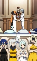 belle_(zenless_zone_zero) long_hair medium_hair multiple_boys multiple_girls orphie_magnusson seed_(zenless_zone_zero) short_hair soldier_11_(zenless_zone_zero) trigger_(zenless_zone_zero) wedding wedding_dress wise_(zenless_zone_zero) zenless_zone_zero