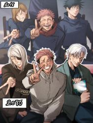  1girl 2018 3boys absurdres blindfold buttons closed_eyes closed_mouth facing_viewer fushiguro_megumi gojo_satoru grey_hoodie highres holding_portrait hood hood_down hooded_jacket hoodie itadori_yuji jacket jacket_over_hoodie japanese_clothes jujutsu_kaisen jujutsu_tech_uniform kugisaki_nobara looking_at_viewer multiple_boys old old_man old_woman outline owwllly pink_hair portrait_(object) red_hoodie scar scar_on_face sitting smile standing v white_hair white_outline 