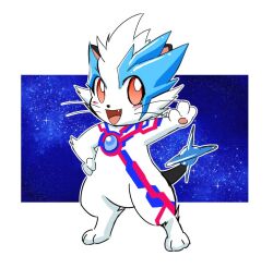  1boy :d arm_up asymmetrical_horns blue_horns blush border cat cat_boy color_timer commentary fang full_body furry furry_male fusion hand_on_own_hip horns ihara_shigekatsu looking_at_viewer male_focus multicolored_fur nyan_(ultra_nyan) open_mouth orange_eyes outline outside_border outstretched_arm pawpads red_fur smile solo space standing star_tail tail ultra_nyan ultra_series ultraman_blazar ultraman_blazar_(series) whiskers white_border white_fur white_outline 