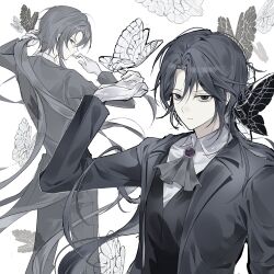  1boy absurdres alternate_hair_length_(longer) ascot bags_under_eyes black_ascot black_butterfly black_coat black_eyes black_hair black_pants black_vest bug butterfly coat collared_shirt commentary e.g.o_(project_moon) empty_eyes english_commentary facing_away gloves highres hinamijawa limbus_company long_hair looking_back male_focus pants project_moon shirt simple_background solemn_lament_(e.g.o) tailcoat tying_hair very_long_hair vest white_background white_butterfly white_gloves white_shirt yi_sang_(project_moon) 