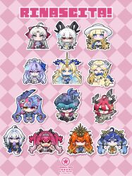  1boy 6+girls absurdres ahoge animal animalization artist_logo augusta_(wuthering_waves) black_horns blonde_hair blue_eyes blue_flower blue_hair bow brant_(wuthering_waves) cantarella_(wuthering_waves) carlotta_(wuthering_waves) cartethyia_(wuthering_waves) checkered_background ciaccona_(wuthering_waves) closed_eyes colored_inner_hair commentary curled_horns dog-san earrings everyone fleurdelys_(wuthering_waves) flower food food_in_mouth galbrena_(wuthering_waves) green_eyes grey_hair hair_bow hair_flower hair_ornament hat headgear heterochromia highres holding holding_animal horns iuno_(wuthering_waves) jewelry laurel_crown logo long_hair long_horns looking_at_viewer lupa_(wuthering_waves) multicolored_hair multiple_girls one_eye_closed open_mouth orange_hair phoebe_(wuthering_waves) pink_bow pink_eyes pink_hair pointy_ears popsicle popsicle_in_mouth purple_hair red_eyes red_hair roccia_(wuthering_waves) single_horn smile straight-on streaked_hair sun_earrings title tree_horns tricorne twintails two-tone_hair violet_eyes white_hat wuthering_waves yellow_eyes yellow_horns zani_(wuthering_waves) 