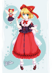  2018 2girls aqua_background aqua_eyes blonde_hair blush bow dated fairy_wings furim highres long_skirt looking_at_viewer medicine_melancholy medium_hair multiple_girls open_mouth red_bow red_skirt shanghai_doll skirt standing touhou two-tone_background white_background wings 