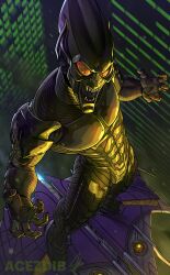  1boy absurdres acezdib armor city fangs full_armor green_armor green_goblin helmet highres looking_up marvel pectorals signature solo spider-man_(series) spider-man_1_(2002) 