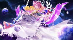  6+boys 6+girls absurdres aglaea_(honkai:_star_rail) anaxa_(honkai:_star_rail) book bridal_gauntlets castorice_(honkai:_star_rail) character_request closed_mouth commentary_request cyrene_(honkai:_star_rail) dragon dress fingernails floral_print flower frilled_dress frills hair_between_eyes hair_flower hair_intakes hair_ornament high_heels highres holding holding_book honkai:_star_rail honkai_(series) hyacine_(honkai:_star_rail) jewelry long_dress long_hair multiple_boys multiple_girls mydei_(honkai:_star_rail) nail_polish open_book phainon_(honkai:_star_rail) pink_hair planet purple_nails ring shoes smile space star_(sky) starry_sky_background stelle_(honkai:_star_rail) tkek8742 trailblazer_(honkai:_star_rail) violet_eyes white_bridal_gauntlets white_dress white_shoes 