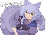  1girl :3 animal_ears arknights blush braid highres jinn3 large_tail long_hair provence_(arknights) purple_hair purple_shirt shirt short_sleeves simple_background solo tail upper_body white_background wolf_ears wolf_girl wolf_tail yellow_eyes 