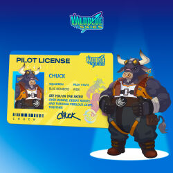  1boy animal_ears artist_request belly broken_horn character_name chuck_barbacoa_(wild_blue_skies) closed_mouth copyright_logo copyright_name cow_boy cow_ears cow_horns cow_tail earrings english_commentary english_text face_piercing fat furry furry_male goggles goggles_on_head horns id_card jacket jewelry license logo male_focus nose_piercing nose_ring official_art orange_jacket piercing plump scar scar_on_face scar_on_nose second-party_source smile tail torn_clothes torn_sleeves wild_blue_skies 
