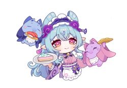  1girl ^_^ apron aqua_hair baku_(creature) bell black_choker blush bow cake cake_slice chibi chibi_only choker closed_eyes closed_mouth commentary_request cropped_legs detached_sleeves eyelashes fish_(food) food frilled_apron frilled_hairband frilled_kimono frilled_sleeves frills genshin_impact hair_between_eyes hairband hand_up holding holding_plate japanese_clothes jingle_bell kimono kurumi_dangoo long_hair multicolored_eyes neck_bell nigirizushi nihongami obi obiage obijime pink_eyes pink_kimono pink_sleeves plate pointy_ears purple_bow purple_hairband purple_ribbon purple_skirt ribbon sash sidelocks simple_background skirt sleeveless sleeveless_kimono smile sushi very_long_hair violet_eyes vision_(genshin_impact) waist_apron white_apron white_background wide_sleeves yumekui-baku_(genshin_impact) yumemizuki_mizuki 
