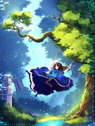  armlet bad_source blue_dress blue_shoes bouchardetc brown_hair dress frilled_dress frilled_skirt frills gown high_heels highres jewelry leggings original pink_eyes shoes skirt swing the_swing tree white_leggings 
