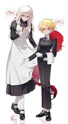  1boy 1girl absurdres apron black_dress black_jacket black_necktie black_pants black_shoes blonde_hair bow bowing bowtie breasts butler collared_shirt commentary_request crossdressing crossdressing_(ftm) crossdressing_(mtf) don_quixote_(project_moon) dress enmaided feather_boa female_butler frilled_apron frills frown gloves highres jacket korean_commentary la_manchaland's_don_quixote_(project_moon) limbus_company long_hair long_sleeves looking_at_viewer maid male_maid mary_janes medium_breasts merry_g0round necktie pants project_moon puffy_sleeves red_bow red_bowtie red_eyes reflection sancho_(project_moon) shirt shoes short_hair simple_background smile socks white_apron white_background white_gloves white_hair white_shirt white_socks 
