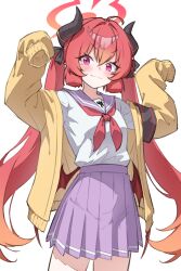  1girl armband arms_up black_armband black_horns blue_archive breasts cardigan closed_mouth commentary_request cowboy_shot demon_girl demon_horns demon_wings gradient_hair gradient_halo halo highres horns hr.r junko_(blue_archive) looking_at_viewer low_wings miniskirt multicolored_hair multicolored_halo neckerchief orange_hair orange_halo pink_eyes pleated_skirt pointy_ears purple_sailor_collar purple_skirt red_hair red_halo red_neckerchief red_wings sailor_collar school_uniform serafuku shirt simple_background skirt sleeves_past_fingers sleeves_past_wrists small_breasts smile solo white_background white_shirt wings yellow_cardigan 