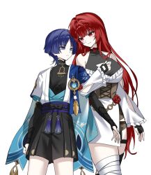  1boy 1girl anemo_symbol_(genshin_impact) animal_print arm_at_side arm_cutout armor arms_at_sides bandage_on_thigh bare_shoulders belt bird_print black_belt black_bodysuit black_bow black_bridal_gauntlets black_gloves black_shorts blue_cape blue_gem blue_kimono blue_sleeves blunt_bangs blunt_ends bodysuit bow breasts bridal_gauntlets brown_corset cape character_request cleavage_cutout clenched_hand closed_mouth clothing_cutout commission corset couple covered_collarbone cross-laced_clothes cross-laced_corset dress eyelashes eyeliner feathers fingerless_gloves fingernails frilled_dress frilled_sleeves frills furisode gem genshin_impact glove_cutout gloves gold gold_trim hair_intakes hakama hakama_shorts hand_up height_difference hetero highres japanese_armor japanese_clothes juban kimono kote kurokote large_breasts layered_sleeves legwear_garter locked_arms long_hair long_sleeves looking_at_another makeup mandarin_collar medium_dress oc_x_canon open_clothes open_hand open_kimono original pleated_shorts pom_pom_(clothes) purple_hair purple_rope purple_sash red_eyeliner red_eyes red_hair rio_(rio773) rope sash scaramouche_(genshin_impact) second-party_source shirt short_sleeves shorts shoulder_peek side_cape side_slit skindentation smile tassel thick_thighs thighs triangle_cutout tsurime turtleneck turtleneck_shirt undershirt violet_eyes vision_(genshin_impact) wanderer_(genshin_impact) white_dress white_kimono white_sleeves white_trim wolf_cut yellow_feathers 
