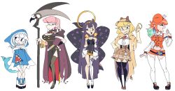  animal_costume animal_hood bare_shoulders beret black_dress blonde_hair blue_eyes blue_hoodie blue_streaks blue_tail blunt_bangs blush bob_cut breasts cape chef_hat closed_eyes detached_sleeves diamond_hairband dress earrings feather_earrings feathers fins fish_tail fur-trimmed_collar fur_trim gawr_gura gawr_gura_(1st_costume) gloves gountro gradient_hair hair_ornament halo hat highres holding hololive hololive_english hood hoodie jewelry large_breasts long_hair long_sleeves looking_at_viewer magnifying_glass mori_calliope mori_calliope_(1st_costume) multicolored_hair multiple_girls necktie ninomae_ina'nis ninomae_ina'nis_(1st_costume) open_mouth orange_hair pink_hair plaid_clothes plaid_skirt pointy_ears purple_hair red_eyes red_necktie scythe shark_costume shark_girl shark_hair_ornament shark_hood shark_tail sharp_teeth shirt short_hair sidelocks simple_background single_detached_sleeve skirt smile spikes streaked_hair tail takanashi_kiara takanashi_kiara_(1st_costume) teeth tentacles veil very_long_hair virtual_youtuber watson_amelia watson_amelia_(1st_costume) white_shirt 