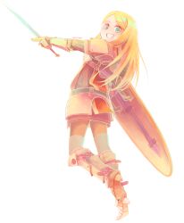 1girl armor blonde_hair blue_eyes chest_guard commentary_request faulds from_behind full_body greaves grin highres holding holding_shield holding_sword holding_weapon leg_up long_hair looking_at_viewer outstretched_arm paladin_(sekaiju) paladin_2_(sekaiju) parted_bangs pauldrons pepeko sabaton sekaiju_no_meikyuu sekaiju_no_meikyuu_1 shield shoulder_armor simple_background smile solo sword teeth turning_head vambraces weapon white_background 