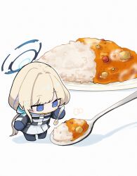  1girl belt_pouch black_coat blonde_hair blue_archive blue_eyes blue_halo chibi chibi_only coat commentary_request curry curry_rice eating expressionless food food_on_face gloves halo highres holding holding_spoon hood hood_down hooded_coat koyuuuuuuuuuuu long_hair long_sleeves multicolored_coat official_alternate_costume plate pouch rice simple_background spoon toki_(armed)_(blue_archive) toki_(blue_archive) white_background white_coat 