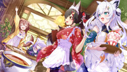  4girls ahoge animal_ear_fluff animal_ears arm_up black_hair braid brown_hair cat_ears cat_girl cat_tail closed_eyes commentary_request cup dog_ears dog_girl dog_tail earrings extra_ears food fox_ears fox_girl green_eyes hair_between_eyes highres holding holding_plate hololive indoors inugami_korone inugami_korone_(1st_costume) jewelry long_hair looking_at_another multicolored_hair multiple_girls nekomata_okayu nekomata_okayu_(1st_costume) ookami_mio ookami_mio_(new_year) open_mouth parfait plate purple_hair red_hair shirakami_fubuki shirakami_fubuki_(waitress) sidelocks single_braid sitting streaked_hair tail torakichi_888 twintails violet_eyes virtual_youtuber white_hair wolf_ears wolf_girl 