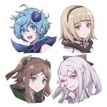  4girls black_bow blonde_hair blue_eyes blue_hair bow brown_hair cropped_head drag-on_dragoon drag-on_dragoon_3 flower flower_over_eye forehead_tattoo four_(drag-on_dragoon) fur-trimmed_jacket fur_trim green_eyes grey_hair hair_bow hair_ornament jacket light_blush miichinori multiple_girls one_(drag-on_dragoon) open_mouth parted_lips pink_eyes red_eyes roman_numeral scarf short_hair smile twintails two_(drag-on_dragoon) zero_(drag-on_dragoon) 