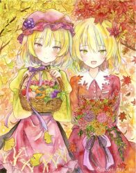  2girls aki_minoriko aki_shizuha apple basket blonde_hair branch commentary_request dress flower food fruit fruit_hat_ornament ginkgo_leaf grapes hat highres holding holding_basket holding_flower juliet_sleeves leaf long_sleeves medium_hair mob_cap multiple_girls painting_(medium) plant_hair puffy_sleeves red_dress red_eyes red_hat siblings sisters sweet_miuk_tea touhou traditional_media twitter_username watercolor_(medium) watermark yellow_eyes 