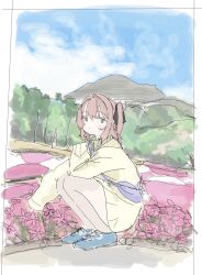  1girl bag blue_eyes blue_shoes blue_sky blush closed_mouth clouds flower hair_intakes hair_ribbon handbag highres kamiina_botan kamiina_botan_yoeru_sugata_wa_yuri_no_hana looking_at_viewer meadow outdoors pink_flower pink_hair ribbon shoes sky solo squatting sweater tree two_side_up yaruki_(kodlerqzjufgnkp) yellow_sweater 