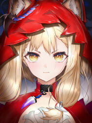  1girl absurdres animal_ear_fluff animal_ears arknights arknights:_endfield blonde_hair braid bright_pupils closed_mouth commentary determined diamond-shaped_pupils diamond_(shape) highres hood hood_up kagekage0722 light_blush looking_at_viewer medium_hair portrait red_hood rossi_(arknights) solo symbol-shaped_pupils two-sided_fabric two-sided_headwear two-sided_hood white_pupils yellow_eyes 