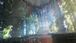  church column commentary_request dappled_sunlight day indoors no_humans original overgrown pew pillar reflective_floor scenery sunlight waisshu_(sougyokyuu) window 