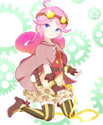  1girl ahoge belt belt_buckle black_thighhighs blue_eyes boots brown_belt brown_boots brown_cape brown_gloves brown_skirt buckle cape commentary_request fingerless_gloves frilled_skirt frills full_body gears gloves goggles goggles_on_head high_heel_boots high_heels highres holding holding_whip jazz_grace kneeling long_hair looking_at_viewer miniskirt official_alternate_costume pink_hair puyopuyo puyopuyo_quest raffina_(puyopuyo) raffina_(steam_city)_(puyopuyo) red_vest skirt smile solo striped_clothes striped_thighhighs thigh-highs vertical-striped_clothes vertical-striped_thighhighs vest whip zettai_ryouiki 