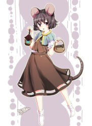  1girl 2018 animal_ears black_hair brown_eyes brown_skirt dated furim grey_background highres holding holding_lantern lantern looking_at_viewer mouse_ears mouse_tail nazrin skirt socks solo tail toes touhou two-tone_background white_background white_socks 