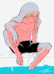  1boy abs arm_on_knee arm_support bakugou_katsuki black_male_swimwear blonde_hair boku_no_hero_academia collarbone commentary hair_between_eyes highres ikapnmn2 looking_to_the_side male_focus male_swimwear muscular muscular_male pectorals pool protected_link red_eyes sanpaku short_hair sideways_glance sitting solo topless_male towel towel_on_head untranslatable_commentary very_short_hair water wet wet_hair white_background 