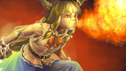 1girl blue_skirt breath_weapon breathing_fire brown_hair commentary_request fire highres horns ibuki_suika kawahagi_modoki one-hour_drawing_challenge puffy_cheeks shirt skirt sleeveless sleeveless_shirt solo toned toned_female touhou white_shirt 